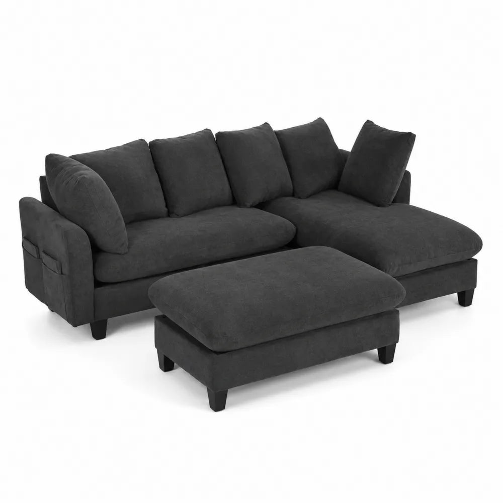 Sofa narożna z poliestru z szezlongiem i pufą, Czarny