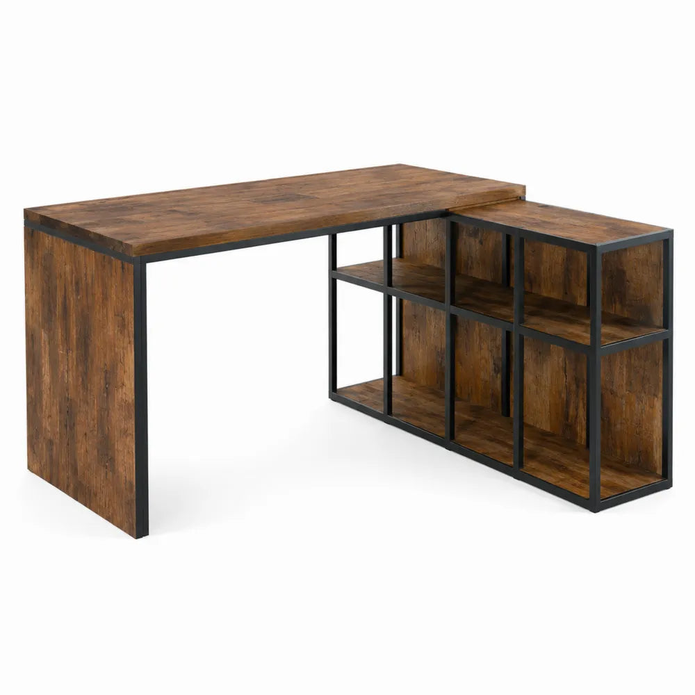 Narożne biurko z półkami z drewna inżynieryjnego i metalu 150x120x75 cm