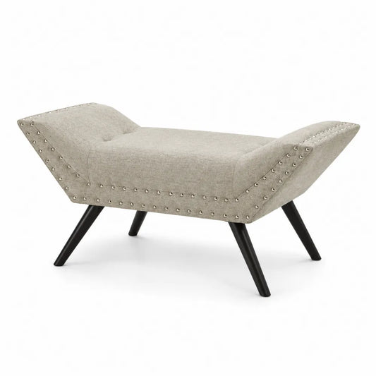 Ławka tapicerowana z tkaniny z drewnianymi nogami