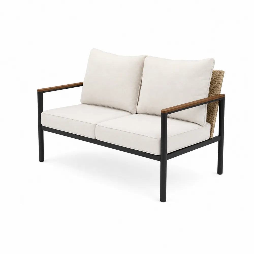 Sofa dwuosobowa, metalowa rama, technorattan, beżowa