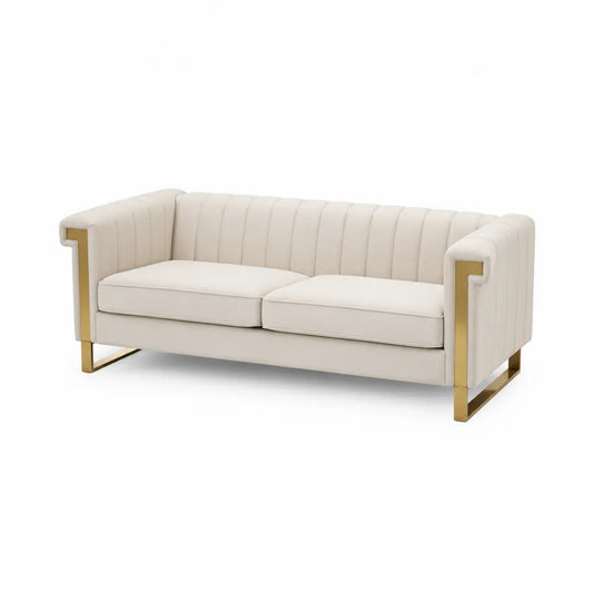 Beżowa Sofa 3-osobowa z Tkaniny ze Złotymi Elementami