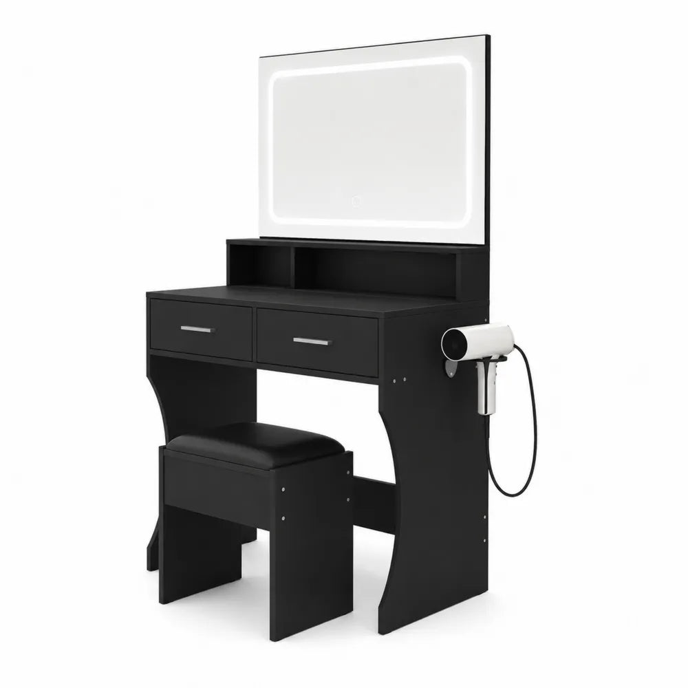 Toaletka z lustrem LED, czarna, płyta wiórowa, 80x40x141 cm, z taboretem