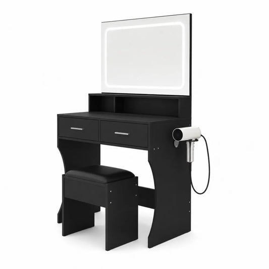 Toaletka z lustrem LED, czarna, płyta wiórowa, 80x40x141 cm, z taboretem